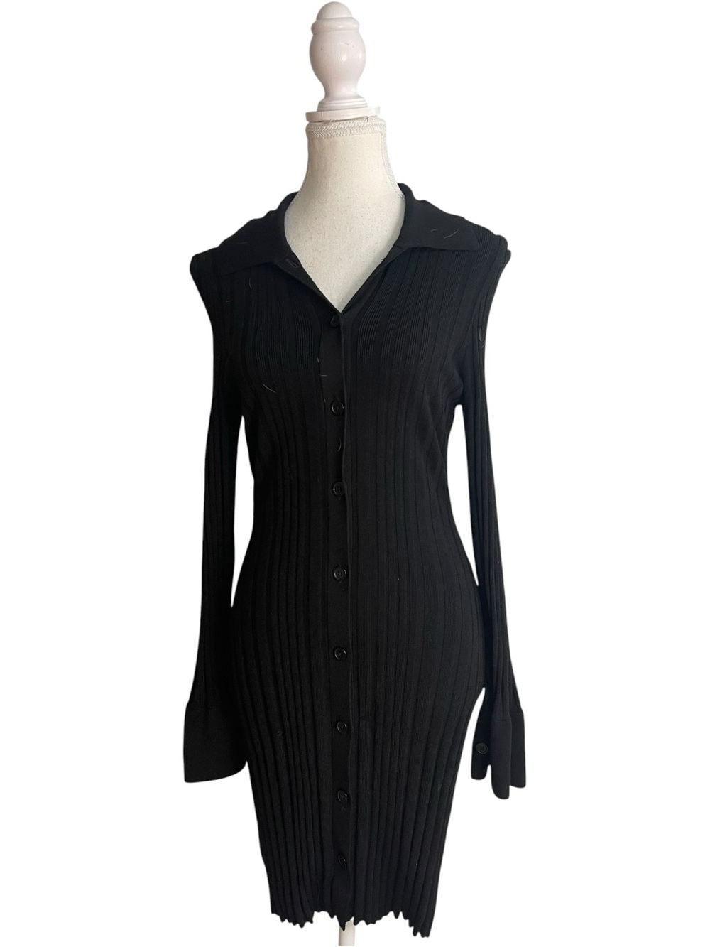 Milly Polo Cardigan Rib-Knit Mini Sweater Dress Black